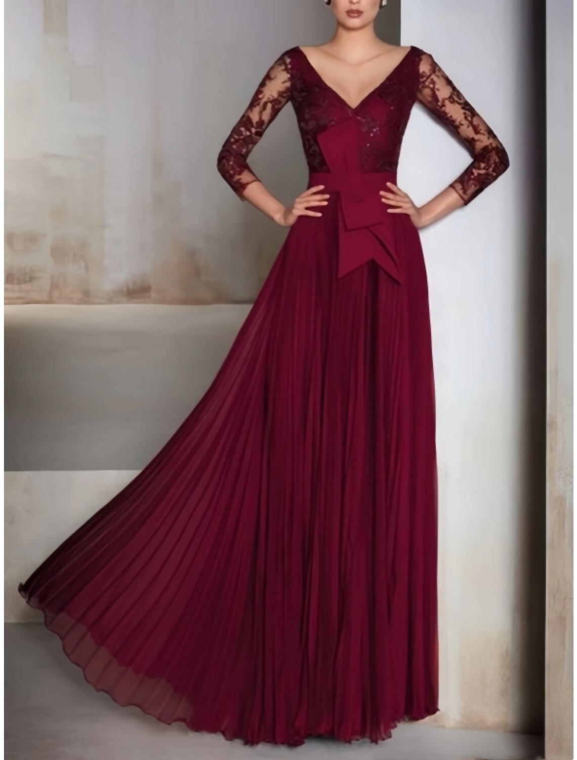 Abito da sera a trapezio, elegante, formale, autunnale, lungo, manica a 3/4, scollo a V, in chiffon con fiocco/i e pieghe